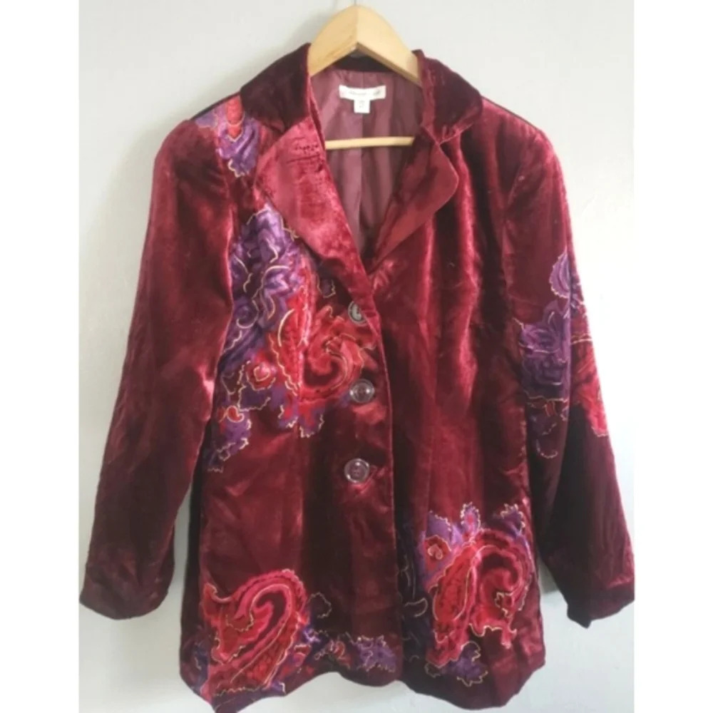 Coldwater Creek Blazer Women's 12P Wine Velvet Printed Floral Art To We…